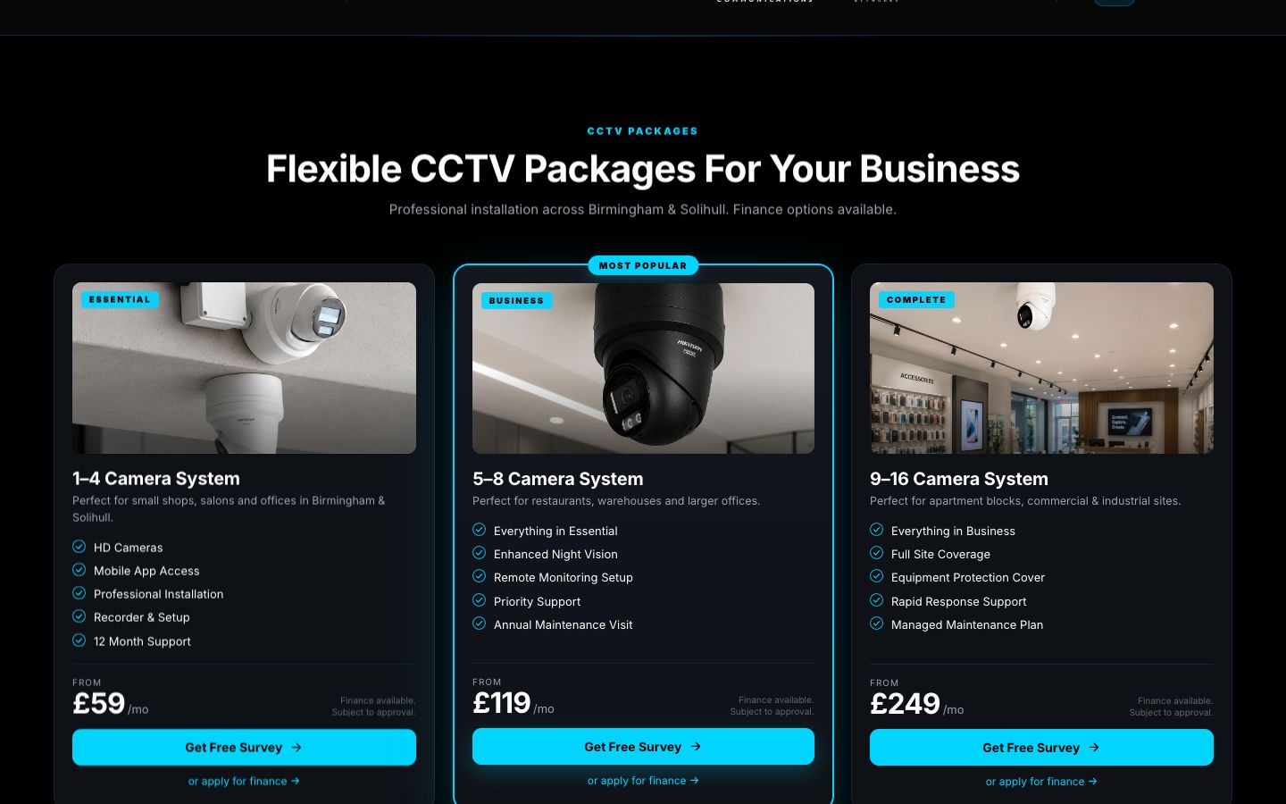Addtek website — CCTV packages and pricing