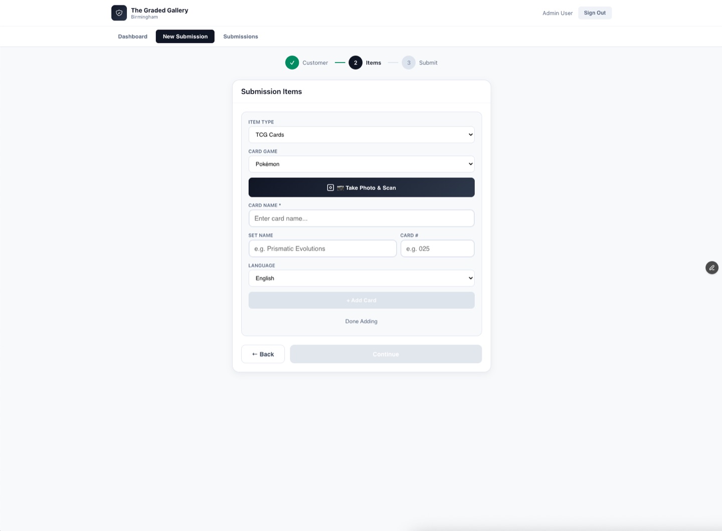 Custom staff portal — adding cards to a grading submission