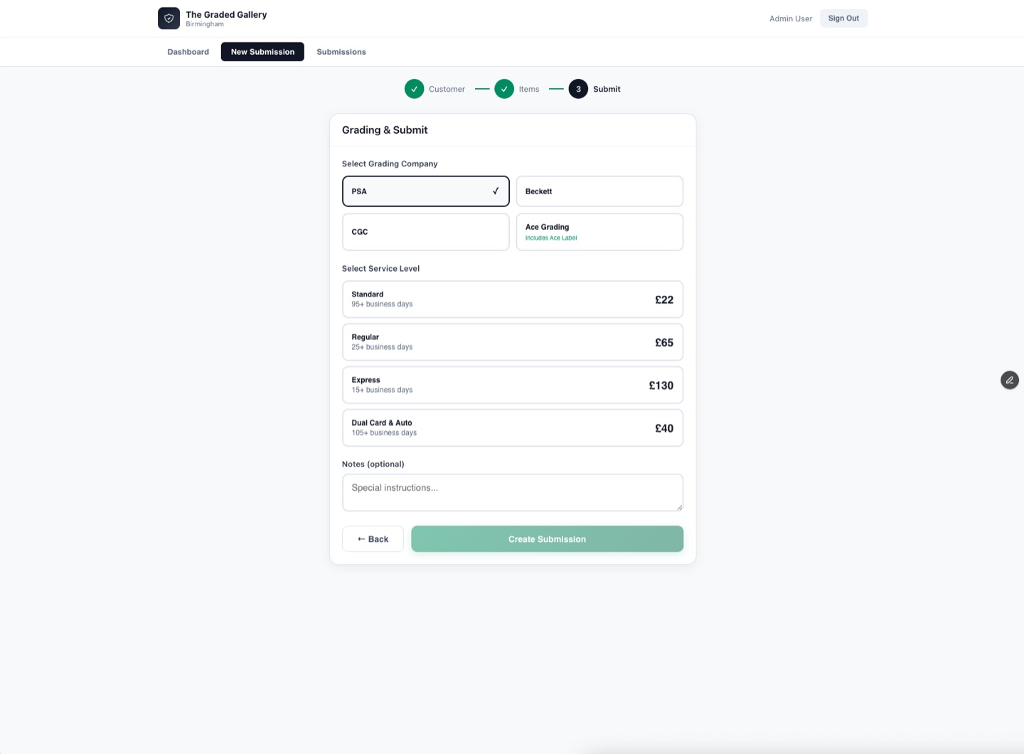 Custom staff portal — grading company, service level and pricing selection